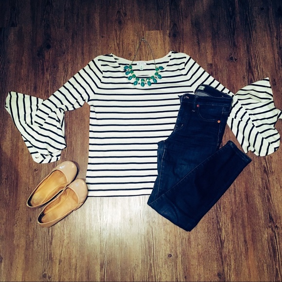Susina Tops - Navy and White Striped 3/4 Length Ruffle Sleeve Susina Tops - Navy and White Striped 3/4 Length Ruffle Sleeve